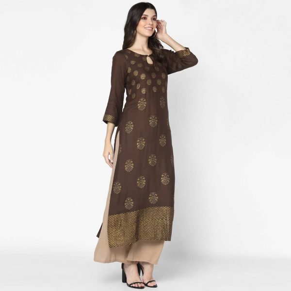 Indian Clothing Cheera Hand Block Print Brown A Line Kurta (MAAI-055K) Fashion