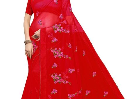 Vamika Red Net Embroidery Saree Discount