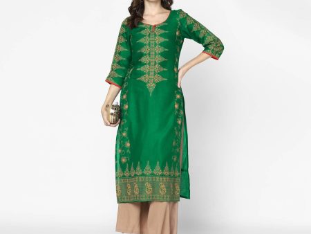 Cheera Hand Block Print Bottle Green & Skin Color Straight Kurta With Palazzo (MAAI-091K) on Sale