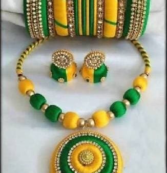 Green and Yellow Silk Threaded Necklace Set, Earrings And Bangles Set of 2 Fashion