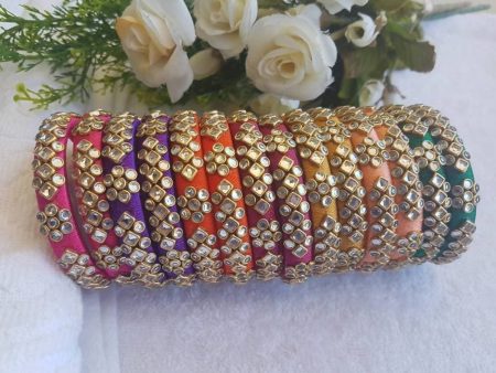 Multi color Silk Threaded Stone Bangles Sets Fashion