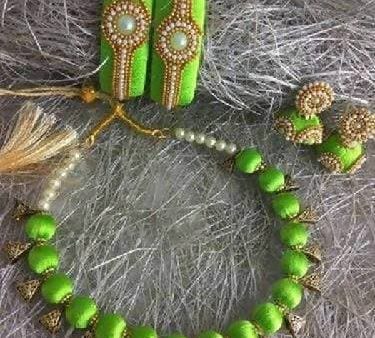 Parrot Green Silk Threaded Necklace Set, Earrings and Bangles Set of 2 Sale