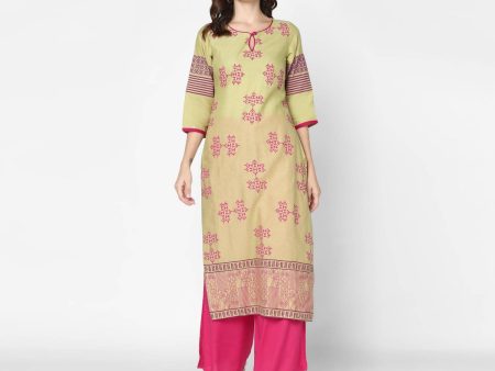 Cheera Hand Block Print Green & Pink Straight Kurta With Palazzo (MAAI-079K) Online Hot Sale