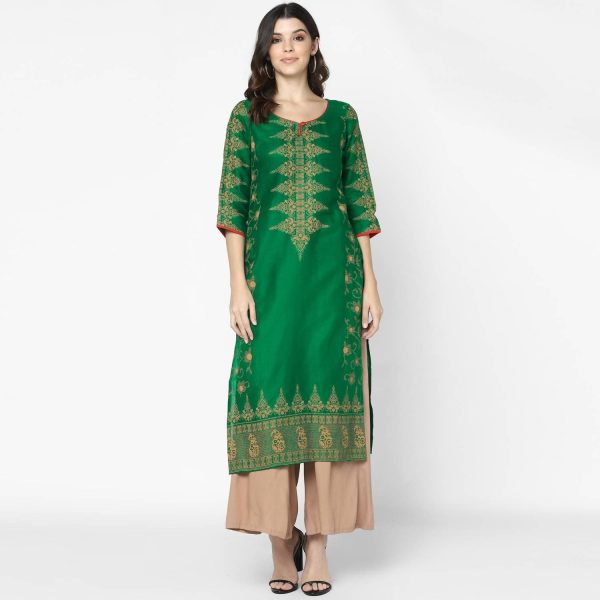 Cheera Hand Block Print Bottle Green & Skin Color Straight Kurta With Palazzo (MAAI-091K) on Sale