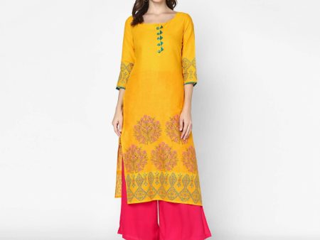 Cheera Hand Block Print Mustard Straight Kurta (MAAI-052K) on Sale