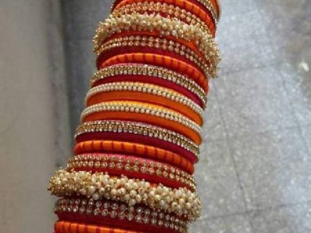 Pink & Orange Silk Threaded Pearl & Stone Bridal Wear Bangles Set Supply