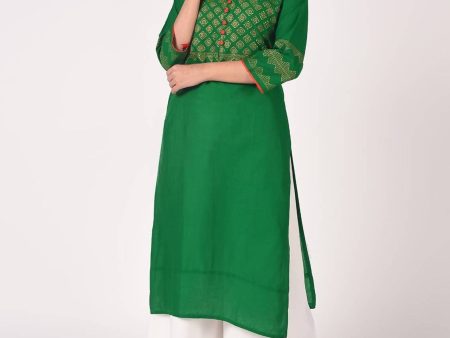 Cheera Hand Block Print Bottle Green & White Straight Kurta With Palazzo (MAAI-093K) For Cheap