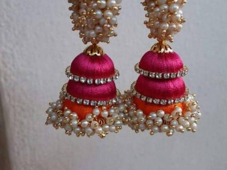 Pink & Orange Pearl Silk Threaded Jumka Set Fashion