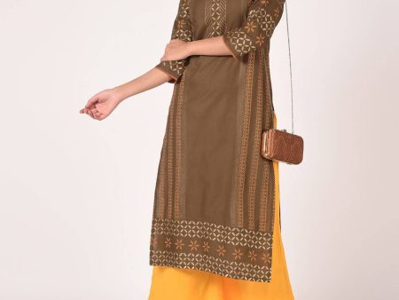 Cheera Hand Block Print Earth Brown & Yellow Straight Kurta With Palazzo (MAAI-086K) For Discount