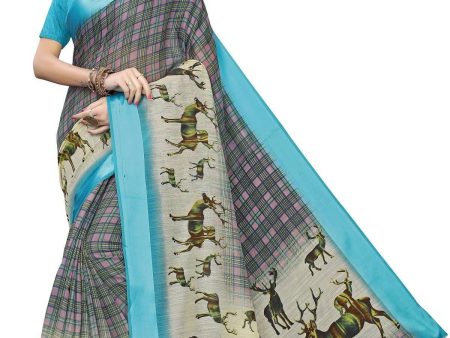 Vamika Blue Linen Digital Print with Satin Border Saree Fashion