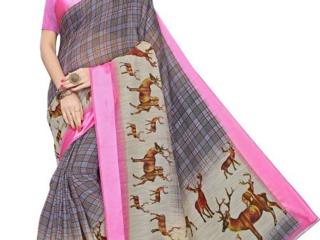 Vamika Rose and Grey Linen Digital Print with Satin Border Latest Saree Online