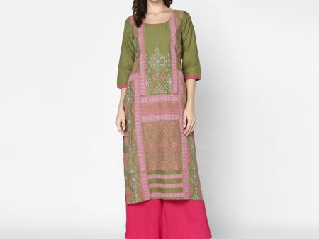 Cheera Hand Block Print Olive Green & Magenta Straight Kurta With Palazzo (MAAI-073K) Online now