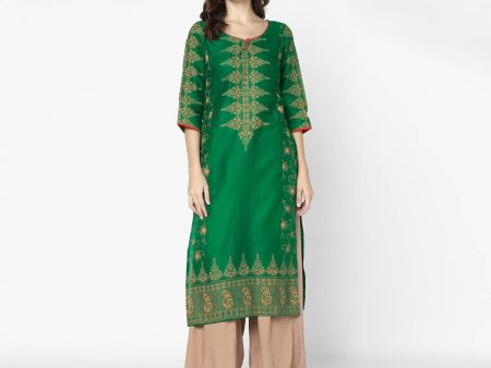 Cheera Hand Block Print Bottle Green Straight Kurta (MAAI-065K) For Discount