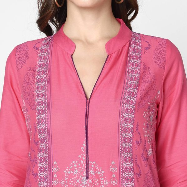 Cheera Hand Block Print Baby Pink Straight Kurta (MAAI-048K) Discount