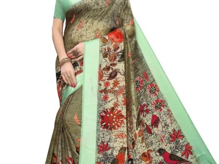 Vamika Birds Design Green Linen Digital Print with Satin Border Floral Saree Fashion