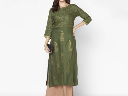 Cheera Hand Block Print Olive Green & Skin Color Straight Kurta With Palazzo (MAAI-083K) Supply