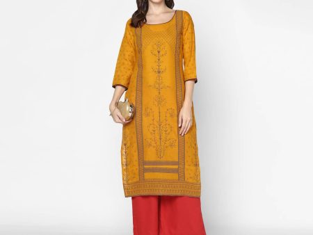 Cheera Hand Block Print Mustard Straight Kurta (MAAI-045K) For Discount