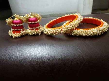 Pearl Silk Threaded Jumka Earrings And Bangles Set Cheap