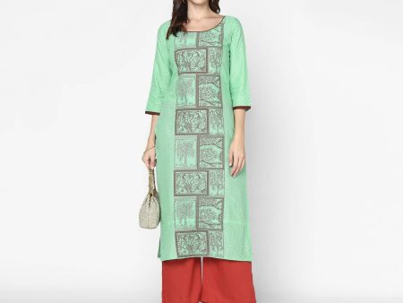 Cheera Hand Block Print Light Green & Maroon Straight Kurta With Palazzo (MAAI-090K) Fashion