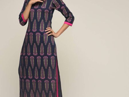 Cheera Hand Block Print Navy & Magenta Straight Kurta With Palazzo (MAAI-095K) Online Hot Sale