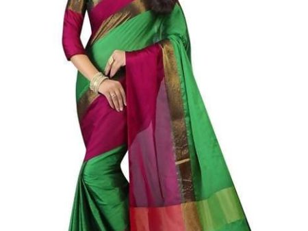 Vamika Green and Parrot Pink Cotton Silk Weaving Saree (Shreeji Parrot Pink) For Cheap