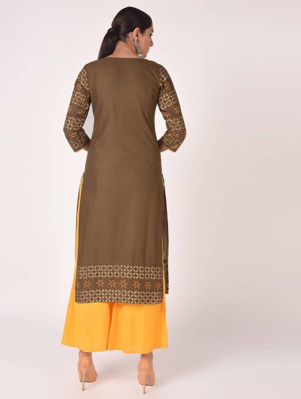 Cheera Hand Block Print Earth Brown Straight Kurta (MAAI-060K) For Sale