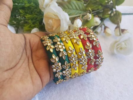 Green, Yellow and Red Silk Threaded Stone Bangles Sets Sale