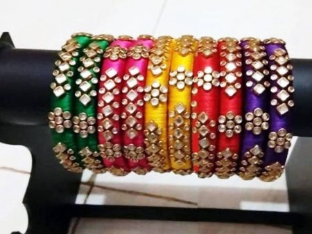 Multi Color Stoned Designer Silk Threaded Bangles Set of 5 Discount