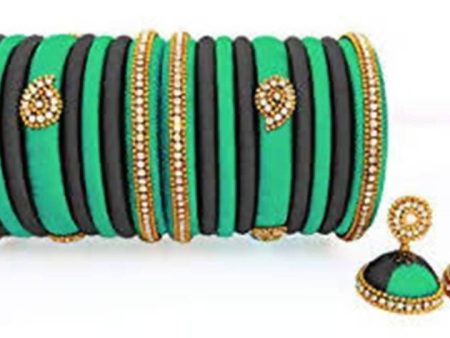 Green and Black Silk Threaded Earrings and Bangles Set of 2 For Discount