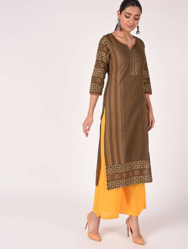 Cheera Hand Block Print Earth Brown Straight Kurta (MAAI-060K) For Sale