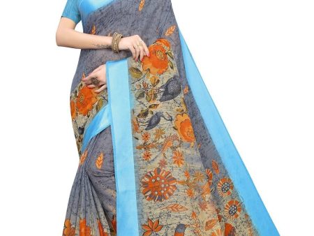 Vamika Blue Linen Digital Print with Satin Border Floral Saree Online Sale