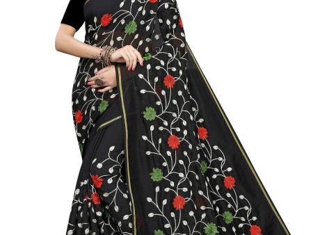 Vamika Black Chanderi Cotton Red Flowers Embroidery Saree Hot on Sale