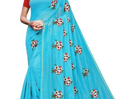 Vamika Sky Blue Chanderi Cotton Embroidery Floral Saree For Sale