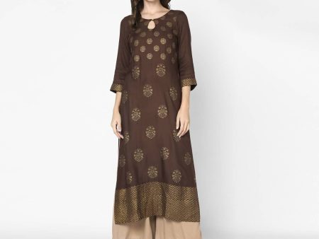 Indian Clothing Cheera Hand Block Print Brown A Line Kurta (MAAI-055K) Fashion