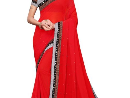 Vamika Red Chiffon Mirror Work Saree Online