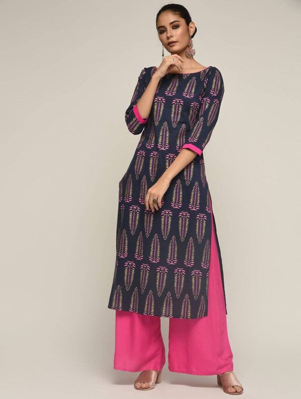 Cheera Hand Block Print Navy Straight Kurta (MAAI-068K) Supply