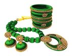 Green Color Silk Threaded Necklace Set, Earrings and Bangles Set of 2 Hot on Sale