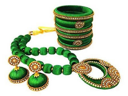 Green Color Silk Threaded Necklace Set, Earrings and Bangles Set of 2 Hot on Sale