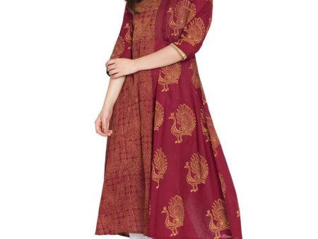 Cheera Hand Block Print Anarkali Kurta In Maroon Color Hot on Sale