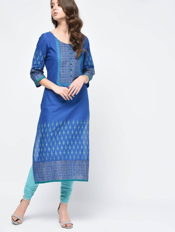 Indian Clothing Cheera Hand Block Print Royal Blue Color Straight Kurta Discount