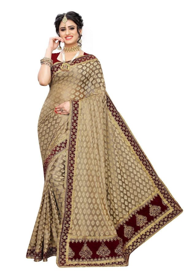 Vamika Brown and Maroon Terry Cotton Embroidery Saree For Sale