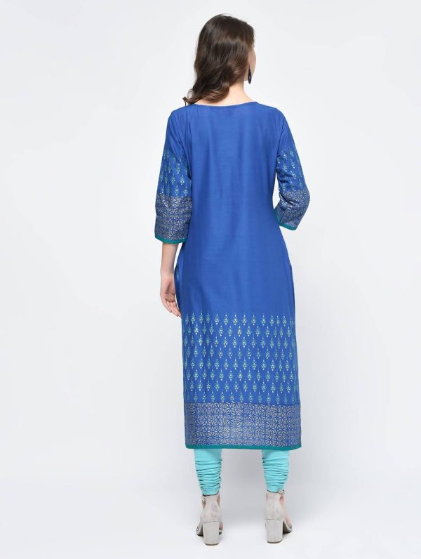 Indian Clothing Cheera Hand Block Print Royal Blue Color Straight Kurta Discount