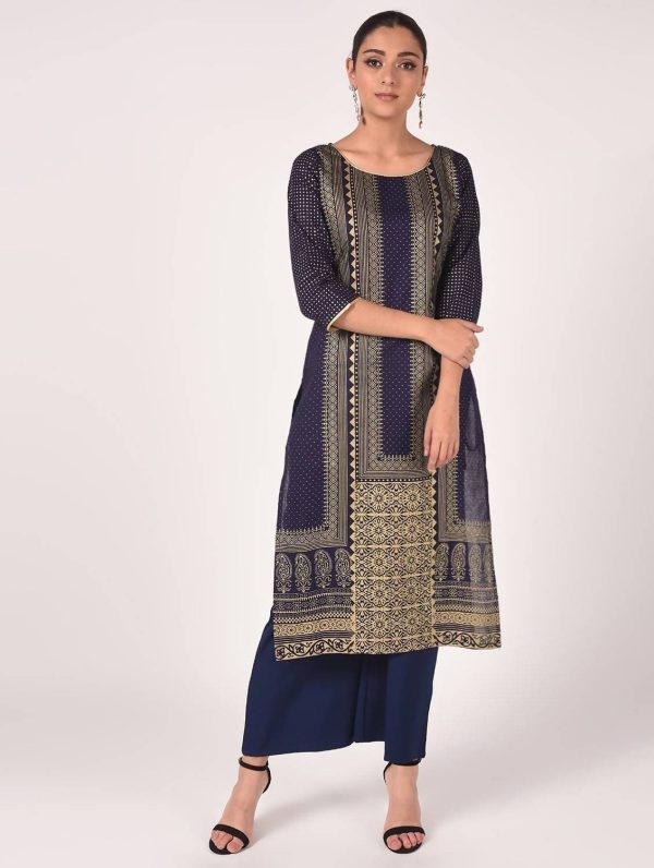 Cheera Hand Block Print Navy Color Straight Kurta Hot on Sale