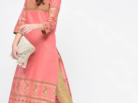 Cheera Hand Block Print Baby Pink Straight Kurta Online