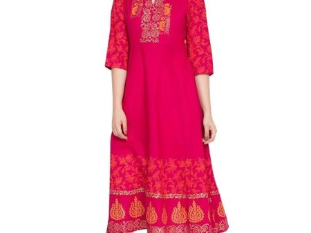 Cheera Hand Block Print Anarkali Kurta In Magenta Color Fashion