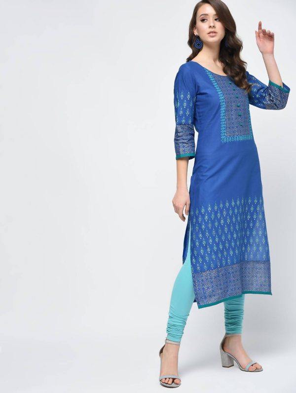 Indian Clothing Cheera Hand Block Print Royal Blue Color Straight Kurta Discount